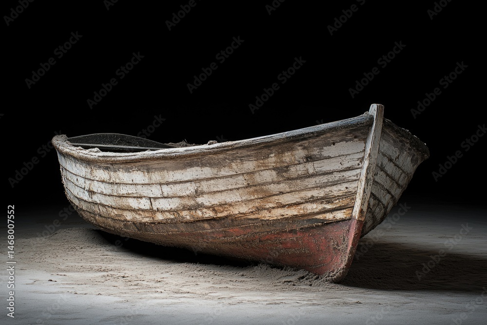 Fototapeta An old, weathered wooden rowboat sits grounded on sandy shores with a dramatic transparent background emphasizing its texture and form.