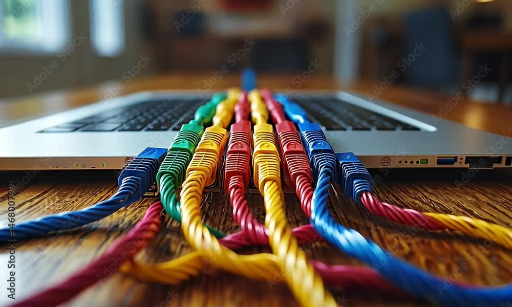 A laptop computer is connected to colorful ethernet cables, resting on a wooden table.