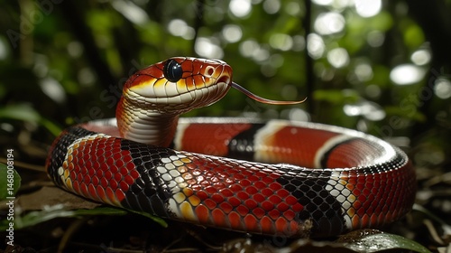Radiant coral snake moving fluid hypnotic rhythm across forest floor bright color of stripe standing out against lush green foliage Captured 105mm macro lens high aperture f8 ensures every detail of photo