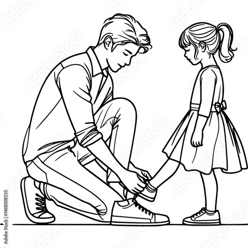 Father helping daughter with shoelaces in a simple line drawing, single line contour vector  