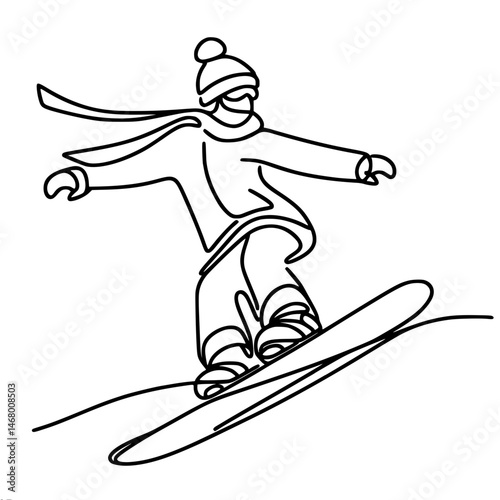 Snowboarder in hat and scarf performing beautiful tricks on slope in minimalist style, one line contour vector