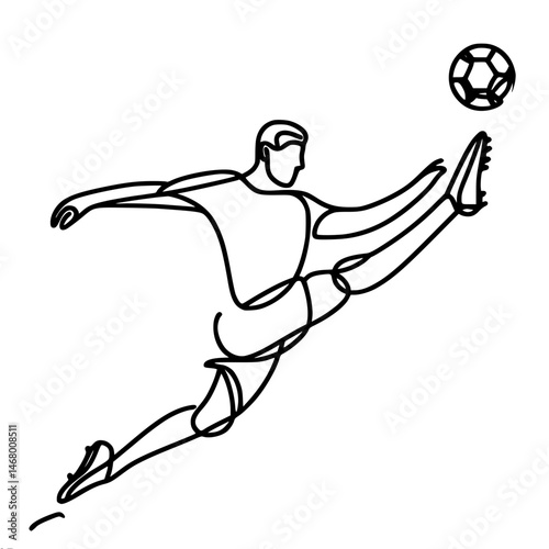 Single line vector illustration of soccer player kicking ball in splits, hitting ball, single line outline vector