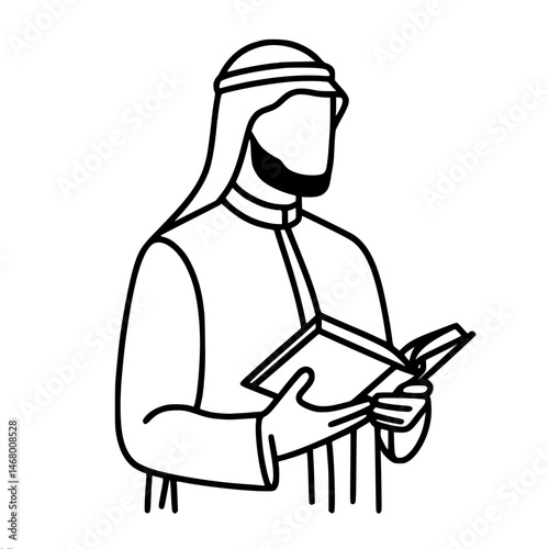 Man in traditional arabic clothes reading a book in simple vector style, vector outline of one line