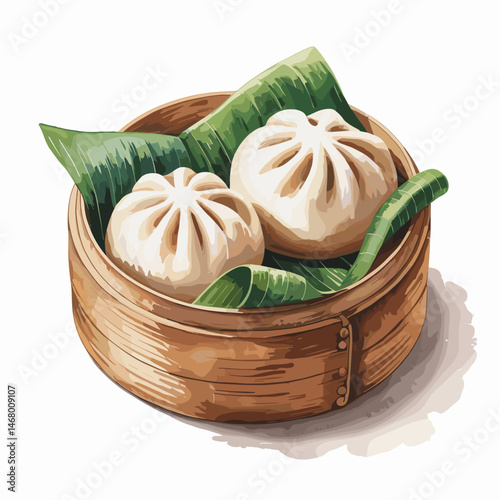 Watercolor Mantou Buns in Bamboo Steamer with Banana Leaves