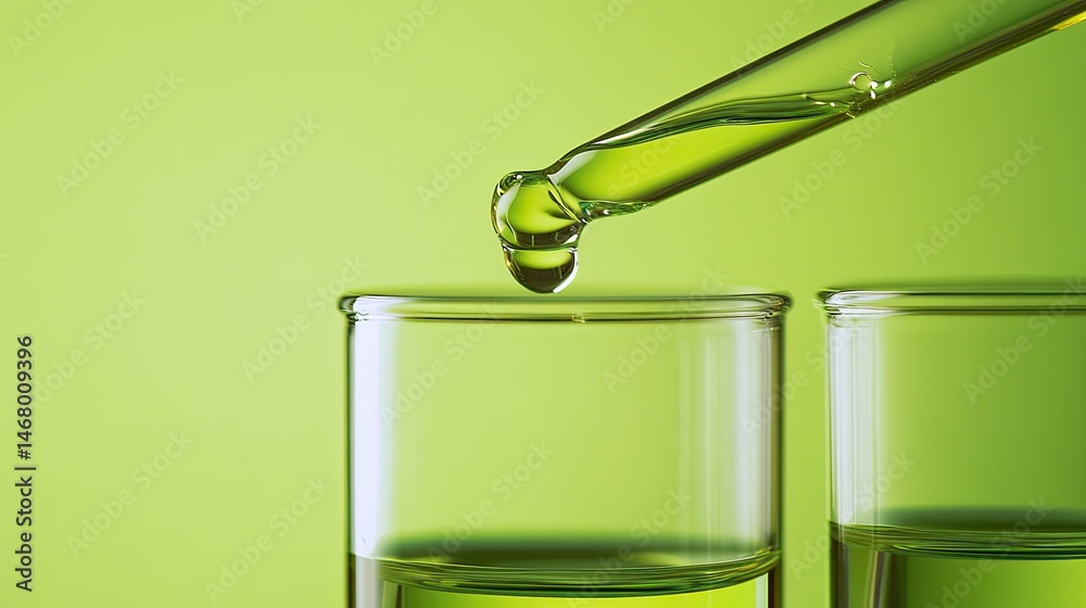 Green Elixir Pipette Drops Fluid into Test Tubes with Lab Experiment. Green Elixir Pipette Drops Fluid into Test Tubes with Lab Experiment.