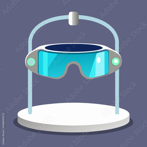 3D glasses with headphones resting on a stand, showcasing a setup for immersive viewing and audio experiences.