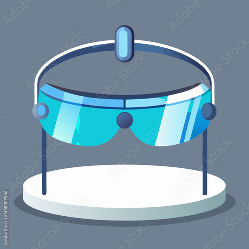 3D glasses with headphones resting on a stand, showcasing a setup for immersive viewing and audio experiences.