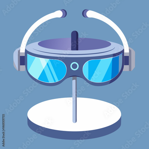 3D glasses with headphones resting on a stand, showcasing a setup for immersive viewing and audio experiences.