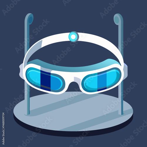 3D glasses with headphones resting on a stand, showcasing a setup for immersive viewing and audio experiences.