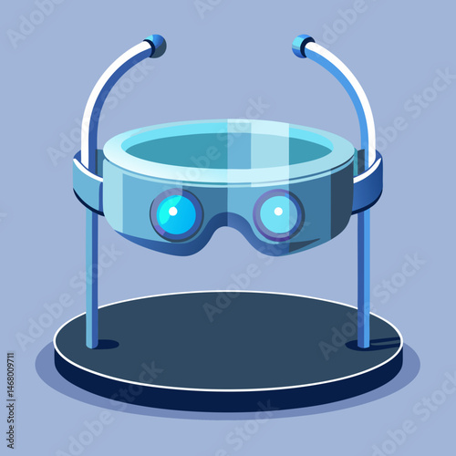 3D glasses with headphones resting on a stand, showcasing a setup for immersive viewing and audio experiences.