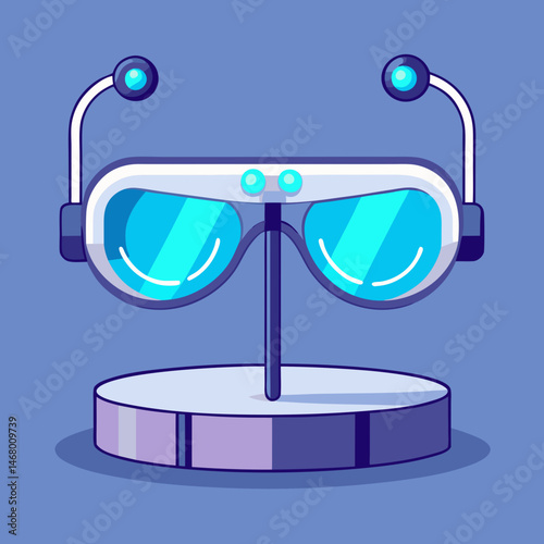 3D glasses with headphones resting on a stand, showcasing a setup for immersive viewing and audio experiences.
