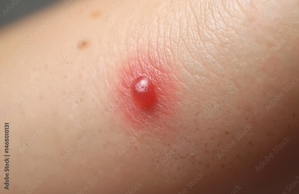 Fototapeta premium Close-up of skin irritation from insect bite. Redness swelling, allergic reaction. Wasp sting result, painful ache on human skin. Dermatology, medical illustration of injury, sting.