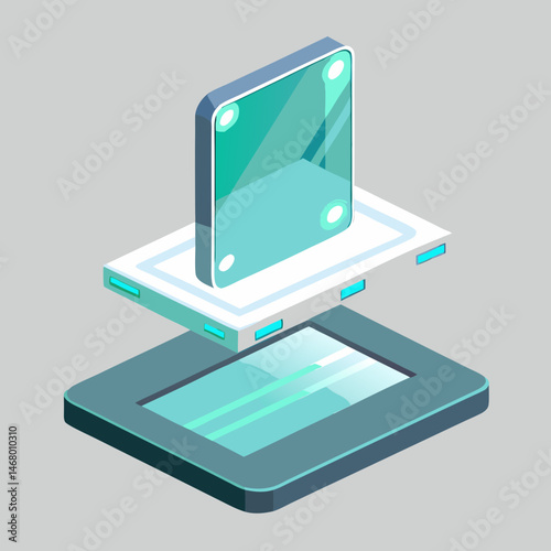 Isometric illustration of a computer chip, showcasing intricate circuitry and design details in a three-dimensional perspective.