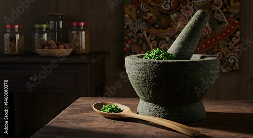 Still life of mortar and pestle with green substance and wooden spoon on wooden surface