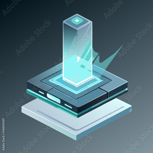 Isometric illustration of a computer chip, showcasing intricate circuitry and design details in a three-dimensional perspective.