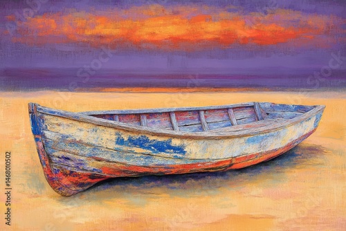 An old weathered boat sits on a sandy beach under a colorful sunset sky, artfully painted.