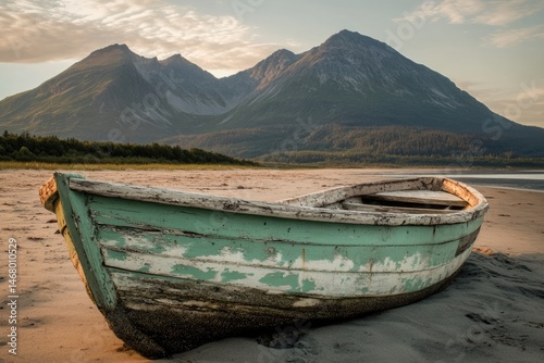 Old wooden rowboat rests on a sandy beach, mountains rise in the hazy background at sunset, creating a scenic landscape.