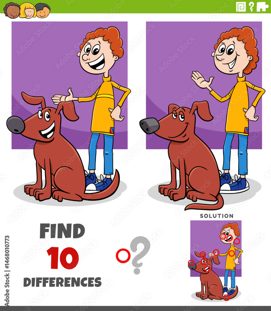 differences puzzle game with happy cartoon boy and his dog