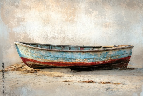 An old, weathered fishing boat rests on sandy beach with a textured, neutral-toned background creating a tranquil, vintage aesthetic.