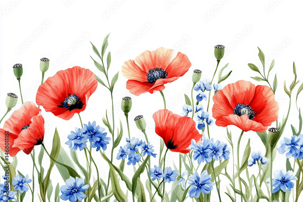 Fototapeta premium Watercolor poppies and cornflowers isolated on white background