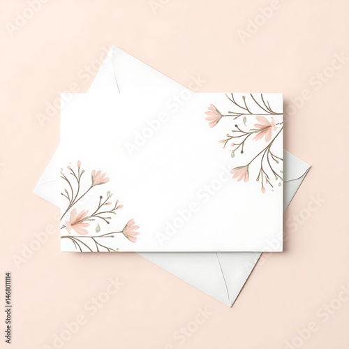 Flat lay of a clean white paper sheet on white background top view close-up. Floral Invitation Mockup with Leaves and Envelope design of Blank Floral Greeting Card, textured paper