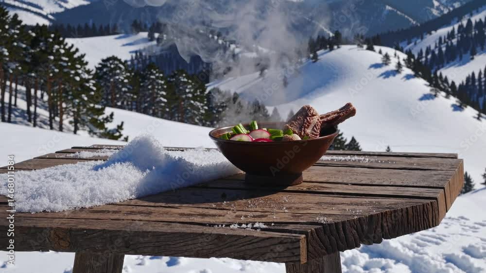 Steam rising from hot meal on rustic table in snowy mountain landscape