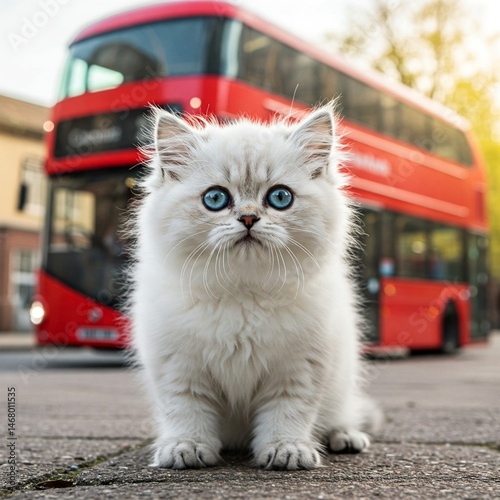 a persian cat with double decker bus on the street