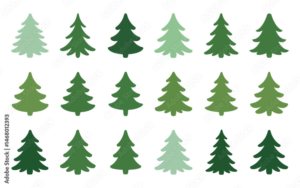 Obraz premium Eighteen Simple Green Christmas Trees in Varying Shades for Winter Holiday Designs