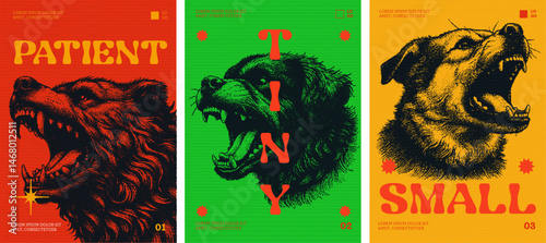 Bold Canine Poster triking trio features fierce dog illustrations with vibrant red, green, and yellow backgrounds