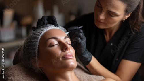 Beautician Applying Eyebrow Treatment in a Bright Salon With Soft Focus on Clients Relaxation and Care Generative AI