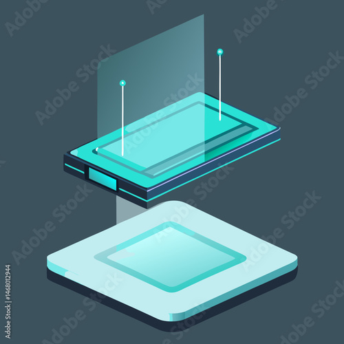 Isometric illustration of a computer chip, showcasing intricate circuitry and design details in a three-dimensional perspective.