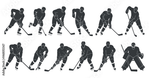 Collection of Ice Hockey Player Silhouettes in Action Poses