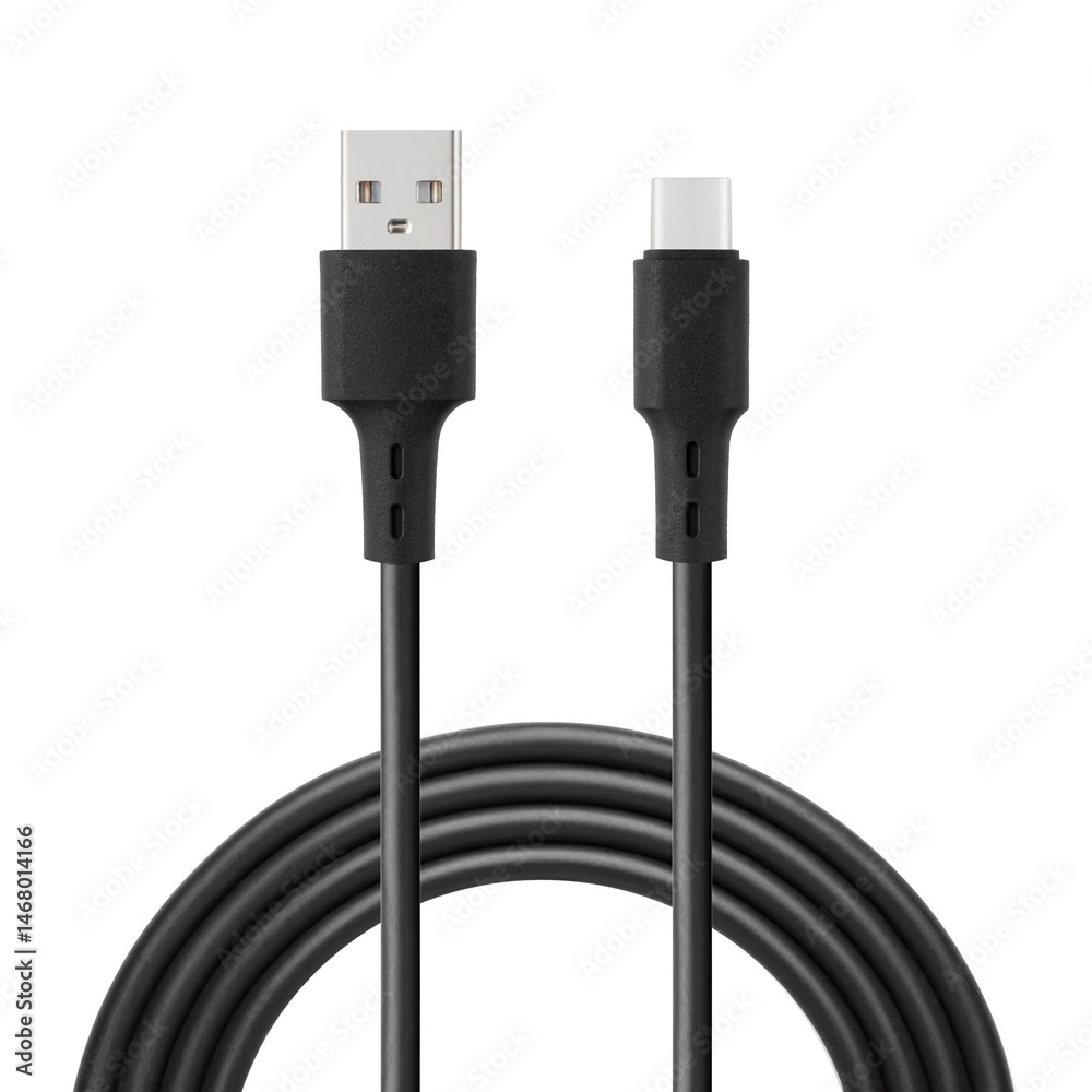 Black cable for charging and synchronization with Type – C and USB connectors on a white isolated background close-up