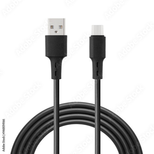 Black cable for charging and synchronization with Type – C and USB connectors on a white isolated background close-up