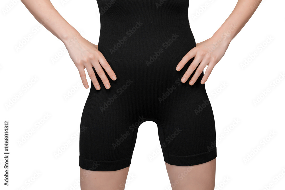Detailed view of grey ribbed high-waisted shorts on a woman's lower body. The ribbed knit texture and high-waisted design are clearly visible. Studio lighting, white background.