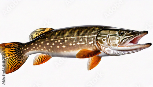 Northern pike fish with streamlined body, pointed head, and sharp teeth, commonly found in freshwater habitats, known for its predatory behavior and popularity in sport fishing.