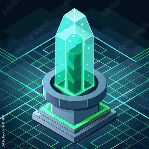A green crystal with a luminous light emanating from its top, set against a neutral background.
