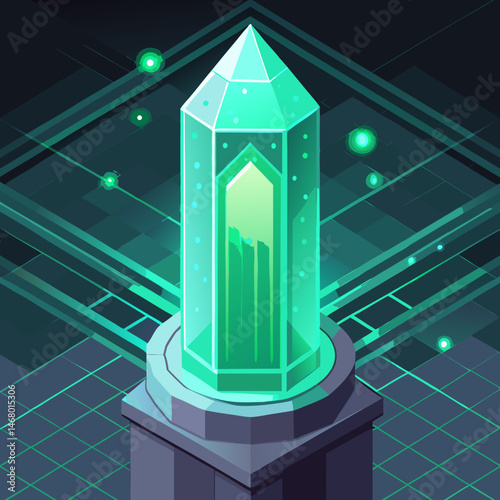 A green crystal with a luminous light emanating from its top, set against a neutral background.