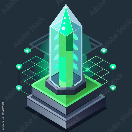 A green crystal with a luminous light emanating from its top, set against a neutral background.