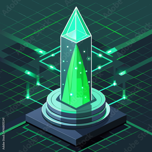 A green crystal with a luminous light emanating from its top, set against a neutral background.