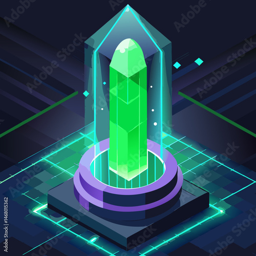 A green crystal with a luminous light emanating from its top, set against a neutral background.