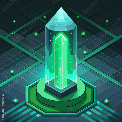 A green crystal with a luminous light emanating from its top, set against a neutral background.