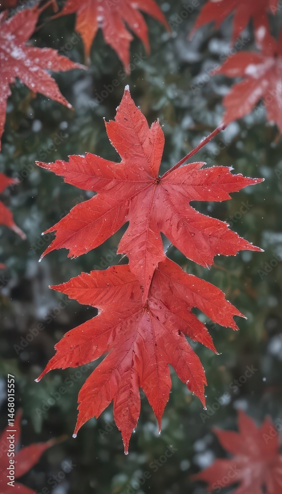 A vibrant red maple leaf dusted with the first snow , leaves, fall A vibrant red maple leaf dusted with the first snow , leaves, fall