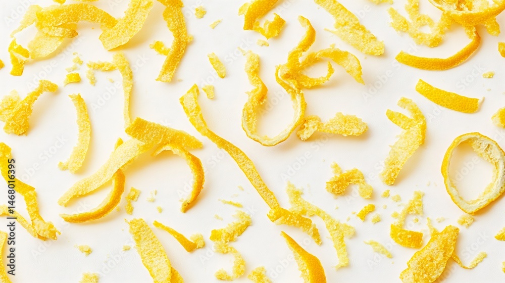 Fototapeta premium Top down view of dried lemon zest and lemon peel powder scattered on a white background overlay cut out on isolated transparent removed background