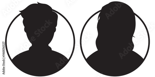 A vector illustration depicting male and female face silhouettes or icons, serving as avatars or profiles for unknown or anonymous individuals. The illustration portrays a man and a woman portrait.