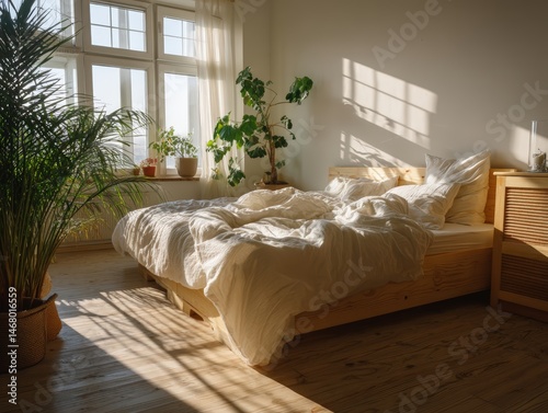 Sunlit bedroom with wooden ...