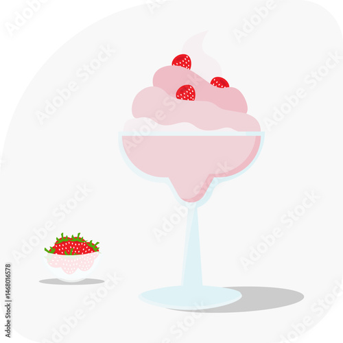 Ice cream in a glass with strawberries and pink whipped cream. Vector image on a transparent background