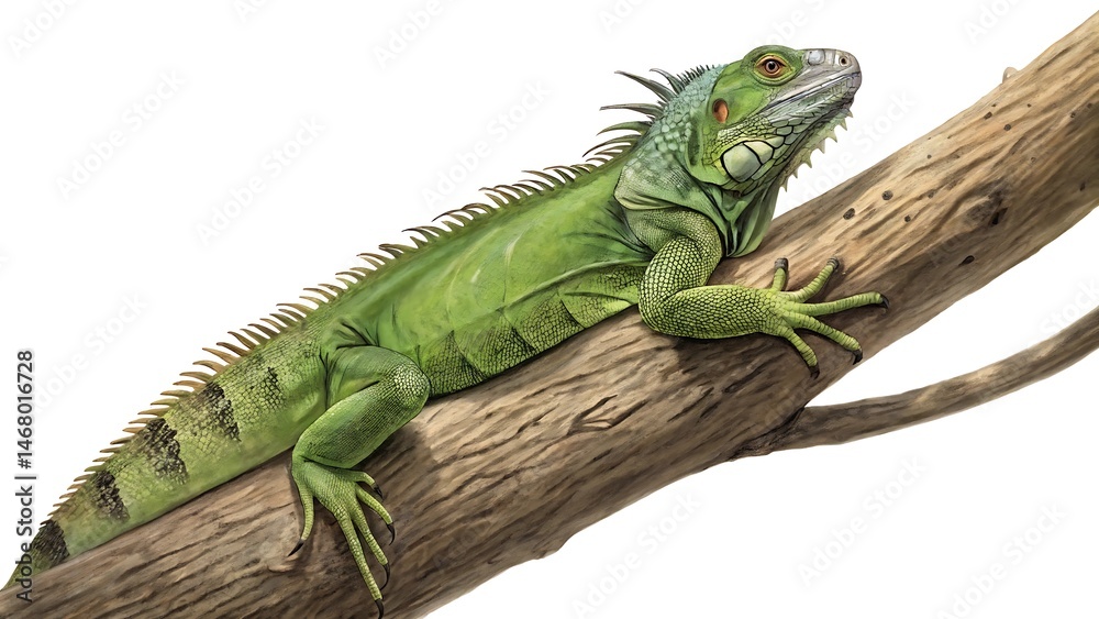 Obraz premium green full body iguana lying on a tree branch on white background