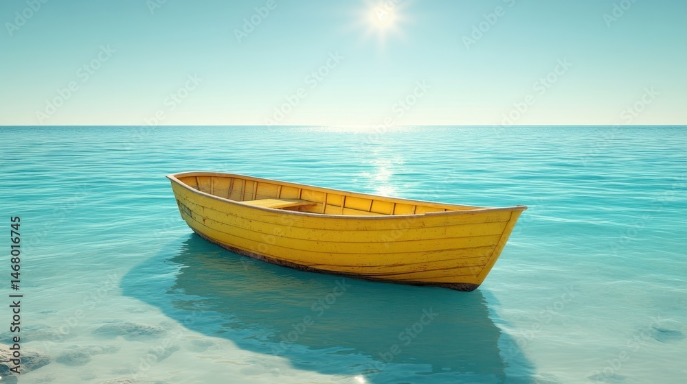 Naklejka premium Sunny yellow boat on tranquil sea