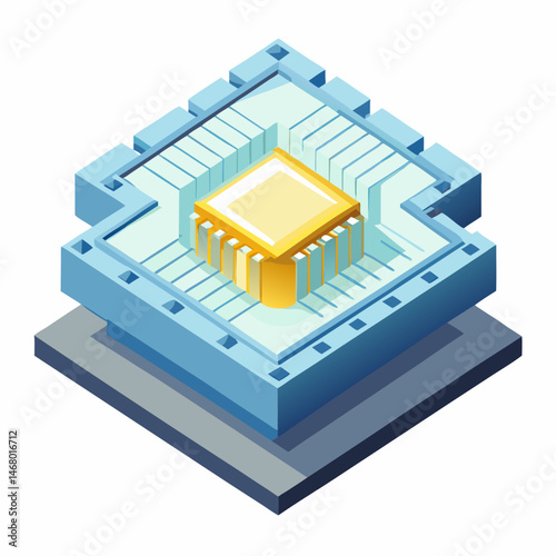 Isometric illustration of a computer chip, showcasing its intricate design and circuitry in a three-dimensional perspective.